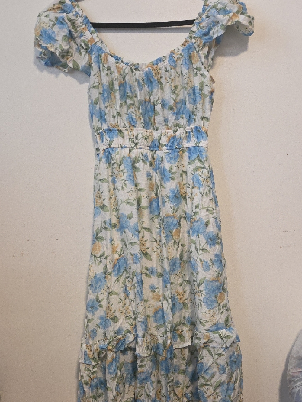 Floral Blue & Cream Off-Shoulder Maxi Dress
